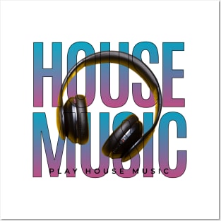 HOUSE MUSIC - Headphones On Text (blue/raspberry) Posters and Art